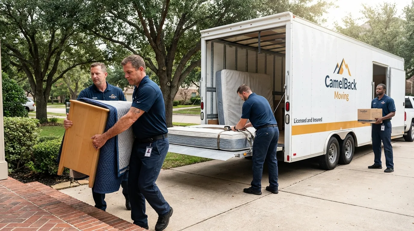 Crew loading residential truck for cross-state move from Moreno Valley, CA