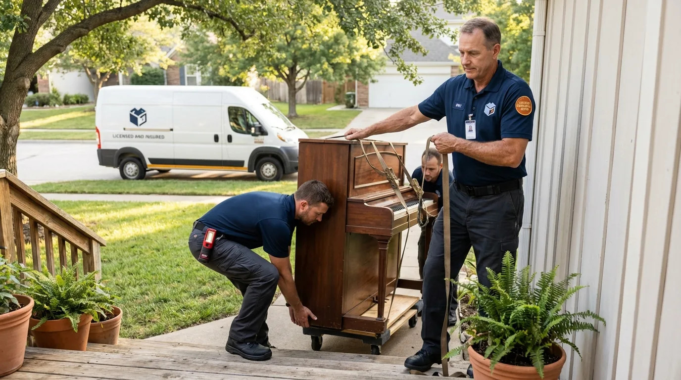 Licensed piano movers securing grand piano in Moreno Valley, CA