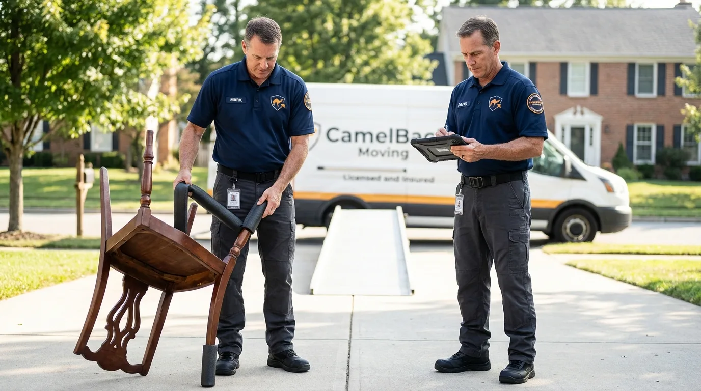Movers inspecting furniture for damage prevention before loading in Moreno Valley, CA