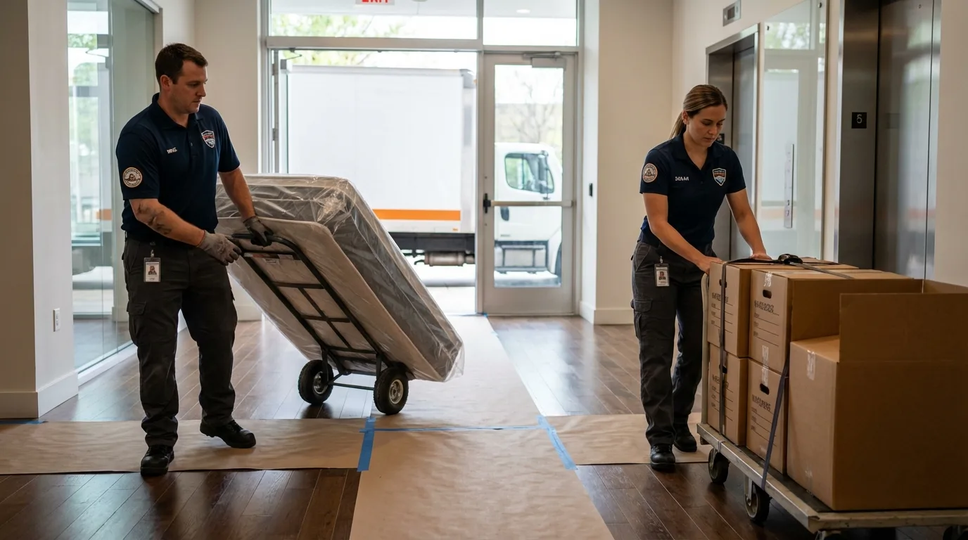 Professional apartment movers loading elevator in Moreno Valley, CA